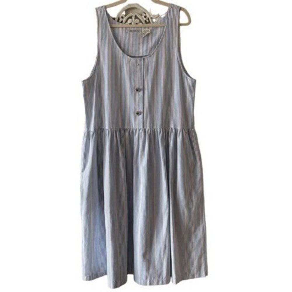 D1 Robin Sinkler Vintage Striped Seersucker Dress Blue‎ White Pink Seashell L